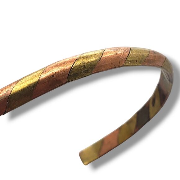 Brass Copper Alternating Stripes Thin Bangle Vintage Bracelet Mixed Metal - Picture 6 of 8